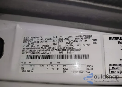 2012 Ford E-250 Commercial z USA, uszkodzony, nr VIN 1FTNS2EL0CDA36931